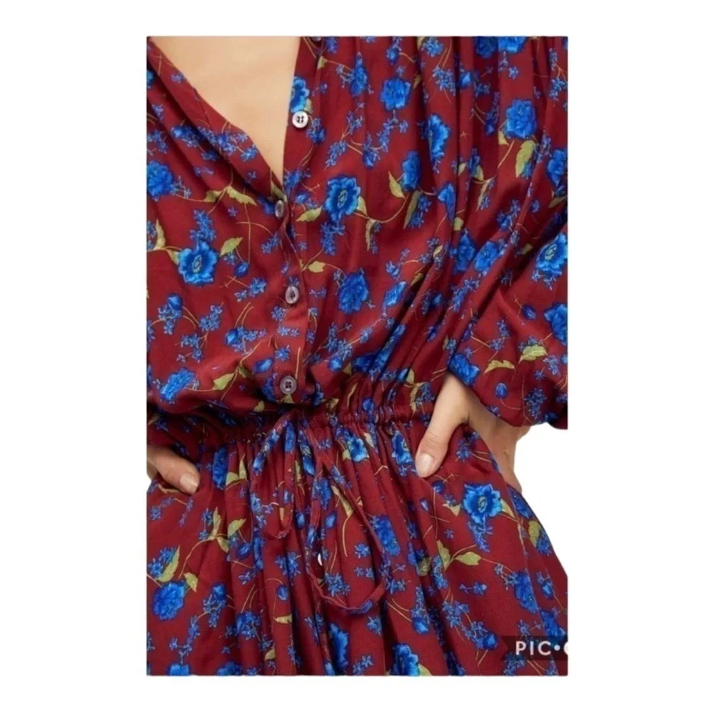 Free People Burgundy Blue Floral Long Sleeve Tie Waist Mini Dress Small
